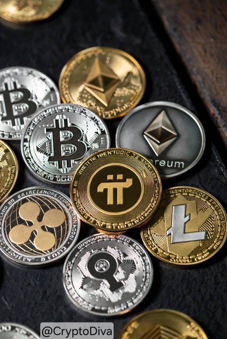 A collection of physical cryptocurrency coins including Bitcoin, Ethereum, Pi, Ripple (XRP), and Litecoin arranged on a leather surface, watermarked '@CryptoDiva'.