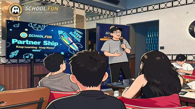 An illustrated scene of a 'SCHOOL FUN Partner Ship' presentation, with a person speaking into a microphone in front of a screen that reads 'Keep Learning. Keep Meme.'