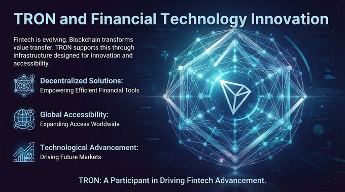 A digital graphic titled 'TRON and Financial Technology Innovation' featuring the TRON logo and bullet points on decentralized solutions, global accessibility, and technological advancement.
