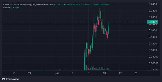 A TradingView 4-hour candlestick chart for CASHCAT/WETH on Uniswap, showing price around 0.1857 with a +8.79% gain and volume of 1.937M.