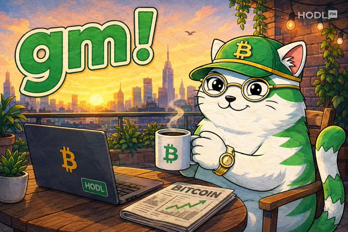 A colorful cartoon illustration from HODL FM featuring a cat in a green Bitcoin cap and shirt holding coffee with a Bitcoin mug and laptop, alongside large green 'gm!' text and a city sunset backdrop.