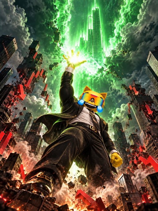 A dramatic digital artwork of a suited figure with a cartoon cat head raising a glowing fist amid crumbling skyscrapers, green sky, and red downward arrows.