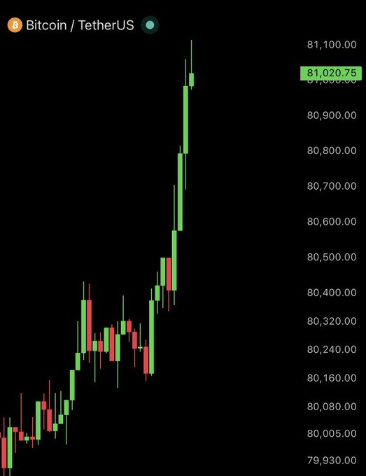 A Bitcoin/TetherUS (BTC/USDT) candlestick chart shows a sharp upward surge, with price climbing to $81,020.75 from the $79,930-$80,500 range, visually confirming Bitcoin's reclaim of the $81,000 level and likely contributing to the $104 million in short liquidations mentioned in the post.