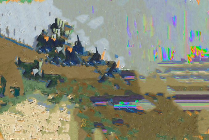A glitched or digitally distorted landscape painting featuring a hillside with buildings, glitching color streaks of pink, blue, and green across the image.
