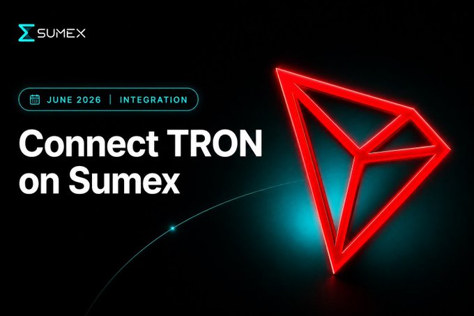 The image features a red triangle with a blue line through it, which appears to be a logo for Sumex, a cryptocurrency exchange platform. The text "Connect TRON on SUMEX" is displayed above the triangle, indicating that the platform has officially launched its connection feature for the TRON cryptocurrency. The post also mentions that users can now easily connect their wallets and track assets seamlessly.