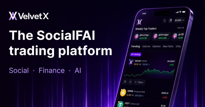 A promotional image for 'VelvetX', described as 'The SocialFAI trading platform' with 'Social · Finance · AI', showing a mobile app interface with trading data.