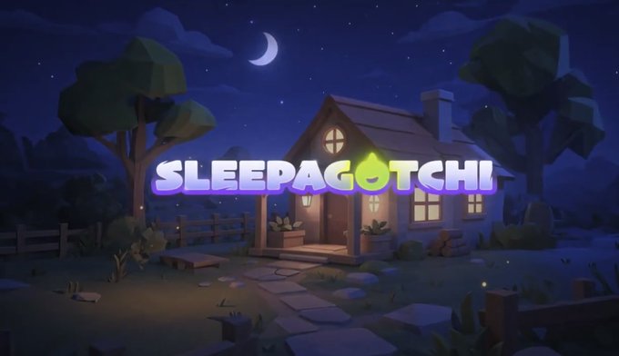 The image features a cartoon house with a porch, surrounded by trees and bushes. The house has a chimney and a small garden at its front. The sky above the house is dark blue, indicating that it's nighttime or during dusk. The text "@sleepagotchi" appears in the image, which might be related to the game Sleepagotchi.