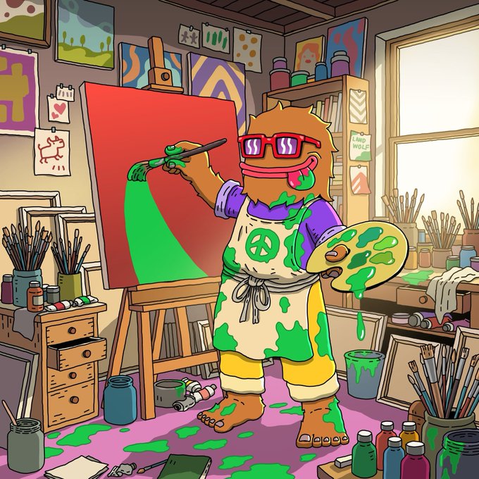 An illustrated furry character wearing pink sunglasses and a peace-sign apron paints green slime on a canvas in a messy art studio.