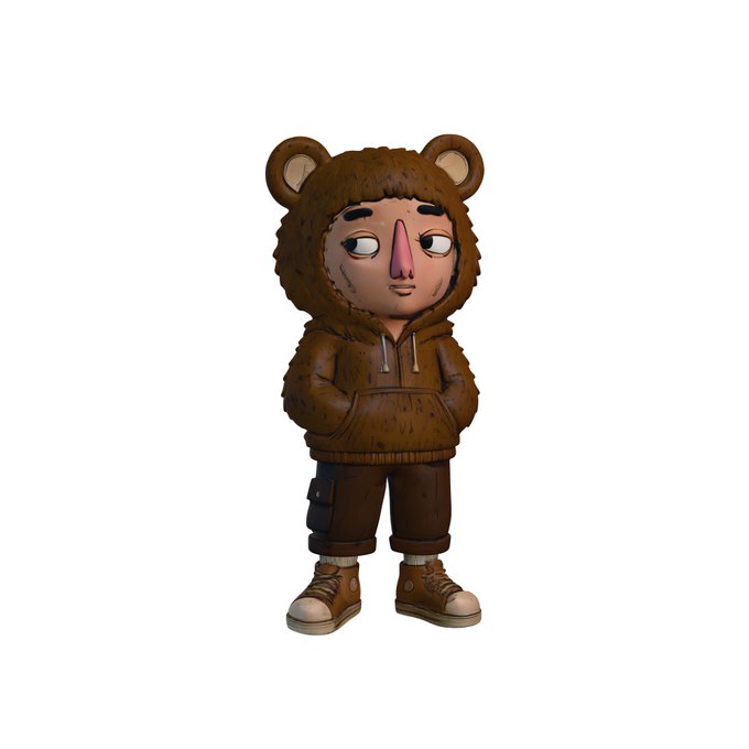 A 3D illustration of a character wearing a brown bear-eared hoodie, brown shorts, and boots, standing with a neutral expression.