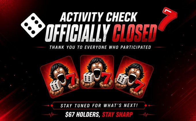 A digital graphic with a red and black theme announcing 'ACTIVITY CHECK OFFICIALLY CLOSED', featuring three identical screaming face icons holding dice and red sevens, with text 'STAY TUNED FOR WHAT'S NEXT!' and '$67 HOLDERS, STAY SHARP'.