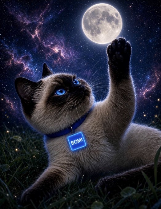 Siamese cat "Bomi" reaches its paw up toward a glowing full moon against a starry galaxy backdrop, with a glowing blue tag reading "BOMI" around its neck. The image captures the post's "reaching for the moon" message of ambition and resilience, framing tomorrow's continued building as an aspirational climb toward something greater.