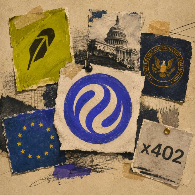 A mixed-media collage features pinned images of the Robinhood logo, the U.S. Capitol building, the SEC seal, the European Union flag (representing MiCA), and the Injective logo alongside a paper reading "x402," visually representing the key themes—Robinhood, SEC, MiCA, AI, and x402—discussed at the Injective Summit in Washington, D.C.
