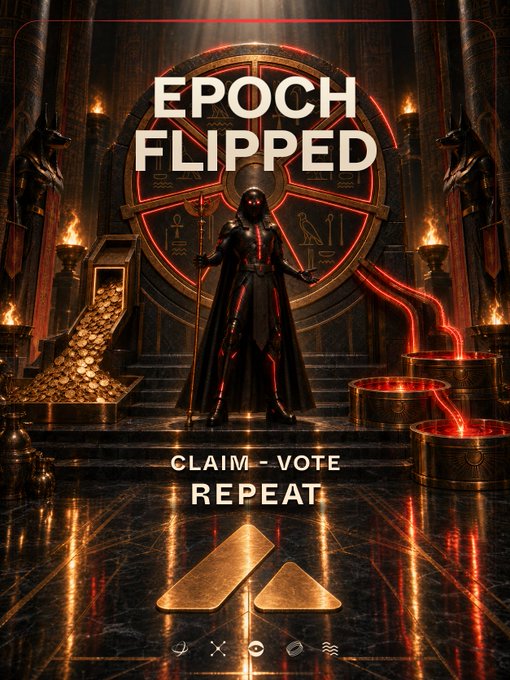 A digital poster displays the text 'EPOCH FLIPPED' and 'CLAIM - VOTE REPEAT' above a hooded figure in an Egyptian-themed chamber with gold bars and glowing red liquid.