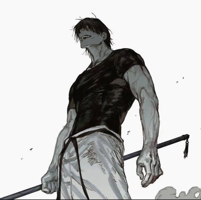 A black-and-white manga-style illustration depicts a muscular, masked man in a dark, torn shirt holding a long polearm weapon.