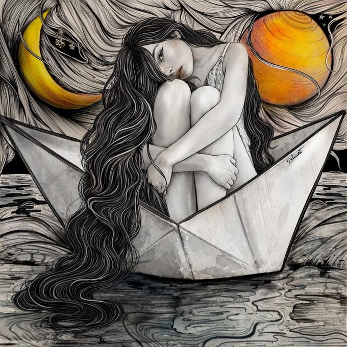 A surreal black, white, and orange ink illustration of a melancholic girl with long dark hair sitting curled up inside an origami paper boat floating on water.