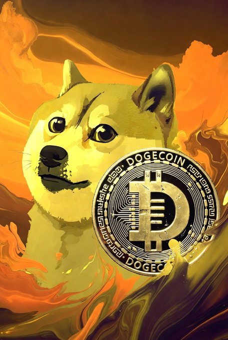 An artistic digital illustration of a serious-looking Shiba Inu dog beside a detailed gold coin marked 'DOGECOIN', set against a vibrant, fiery orange and yellow background.