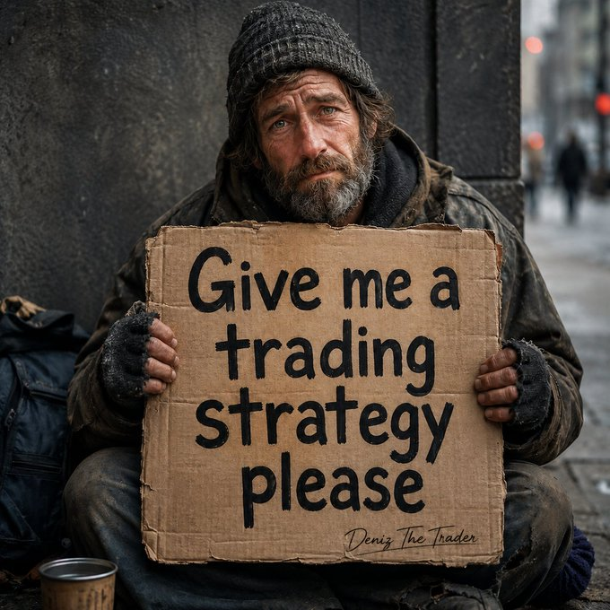 A homeless man in a knit beanie holds a cardboard sign reading 'Give me a trading strategy please,' signed 'Denis The Trader.'