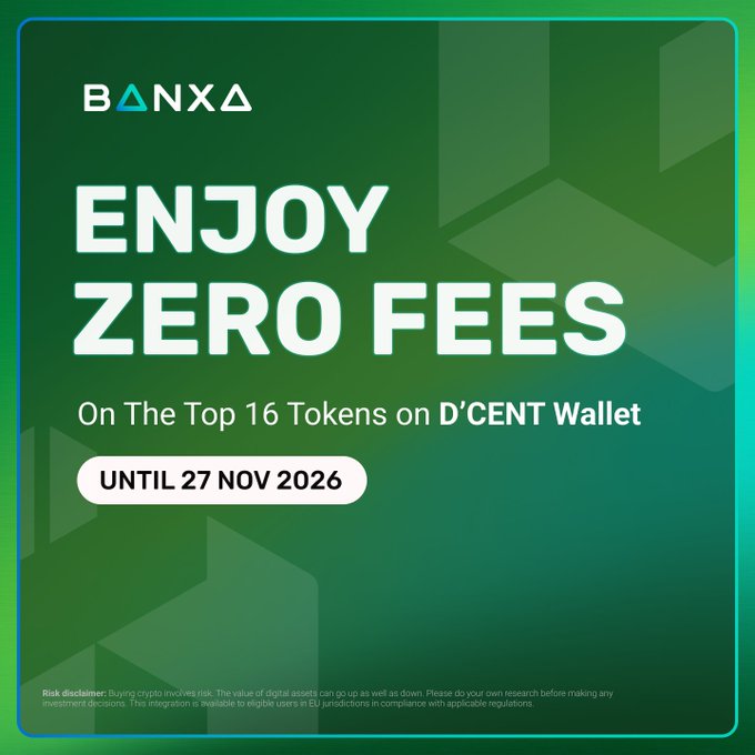 A promotional advertisement for Banxa featuring the text 'ENJOY ZERO FEES On The Top 16 Tokens on D'CENT Wallet UNTIL 27 NOV 2026' on a green gradient background.
