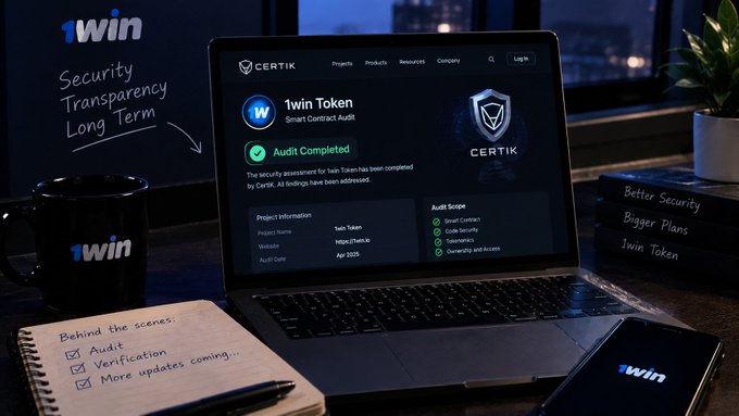 A laptop screen displays a Certik audit completion page for "1win Token," surrounded by 1win branded mugs, notebooks, and a phone on a desk.