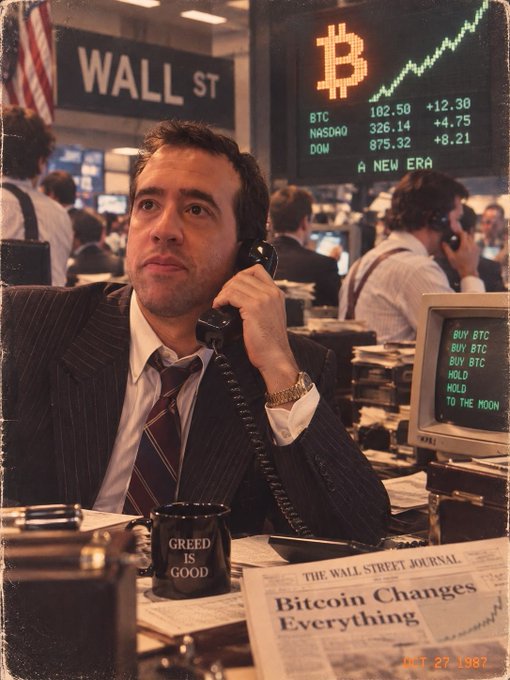 A vintage-style edited photo of a man in a suit on a phone on Wall Street, surrounded by Bitcoin-related elements including a stock ticker, a 'BUY BTC' computer screen, a 'GREED IS GOOD' mug, and a 'Bitcoin Changes Everything' newspaper, dated 'OCT 27, 1982'.