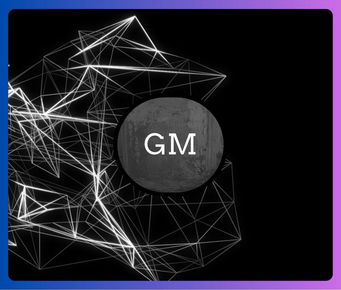A digital graphic featuring a dark textured sphere with the white text 'GM' centered against a black background with white geometric line patterns, bordered by a blue and purple gradient frame.