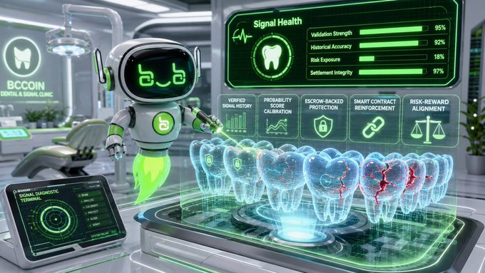 A futuristic AI-themed illustration showing a robot in a 'BCCOIN Dental & Signal Clinic' analyzing holographic teeth with various metrics including 'Signal Health,' 'Validation Strength 95%,' 'Historical Accuracy 92%,' and other crypto/trading-related statistics.