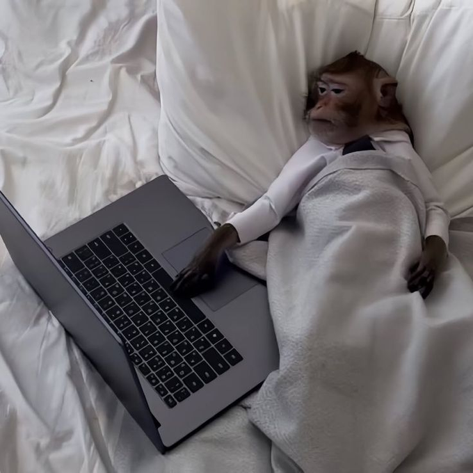 A young monkey wearing a white shirt lies in bed under a gray blanket, propped against a pillow while using a laptop, humorously depicting the "2am portfolio check" routine with a tired, resigned expression.