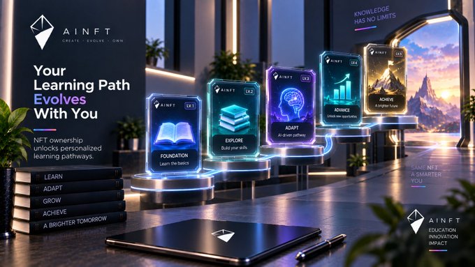 Futuristic promotional graphic for "AINFT" showing an evolving learning path with holographic levels (FOUNDATION, EXPLORE, ADAPT, ADVANCE, ACHIEVE) and the tagline "Your Learning Path Evolves With You."