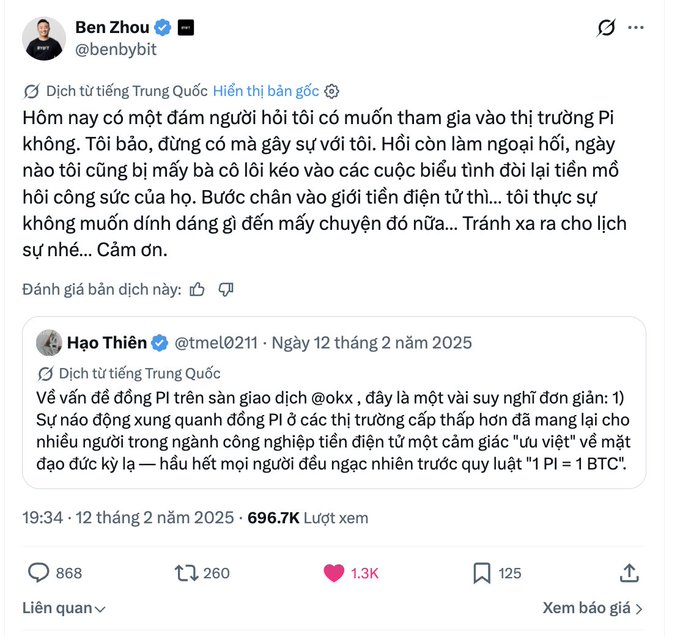 A Twitter/X post by Ben Zhou (@benbybit) in Vietnamese criticizing someone approaching him about joining the Pi market, quoting a tweet by Hạo Thiên (@tmel0211) discussing Pi coin controversy on OKX exchange.