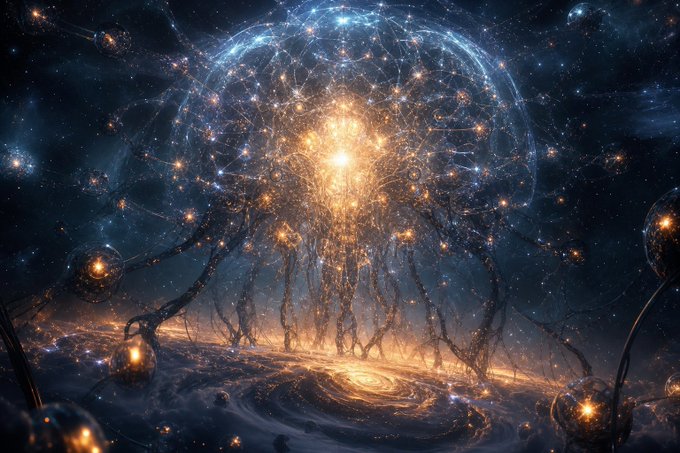 A colossal, radiant entity with a glowing golden core and a translucent, constellation-domed shell hovers amid a cosmic spiral, its tendrils extending outward like a living network spanning the universe. The image visualizes the post's message by depicting how the most powerful infrastructure—much like this immense, self-sustaining cosmic being—operates as a vast, invisible foundation, enabling everything around it to thrive without requiring attention or interference from those who depend on it.