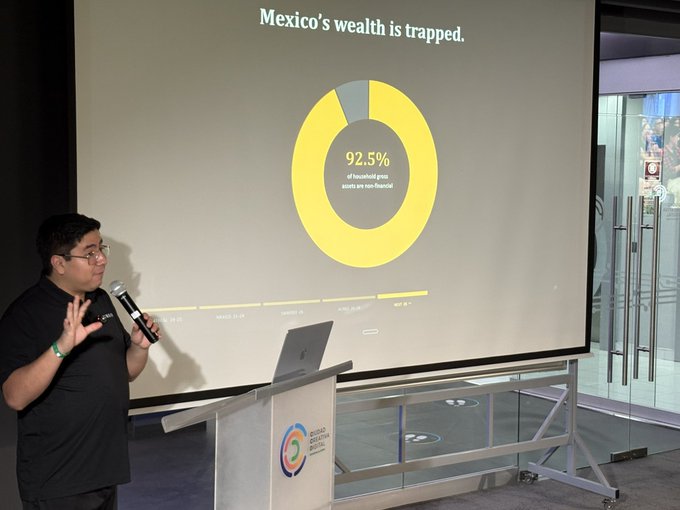 A man presents at a podium during a presentation titled 'Mexico's wealth is trapped,' featuring a yellow donut chart indicating that 92.5% of household group assets are non-financial.