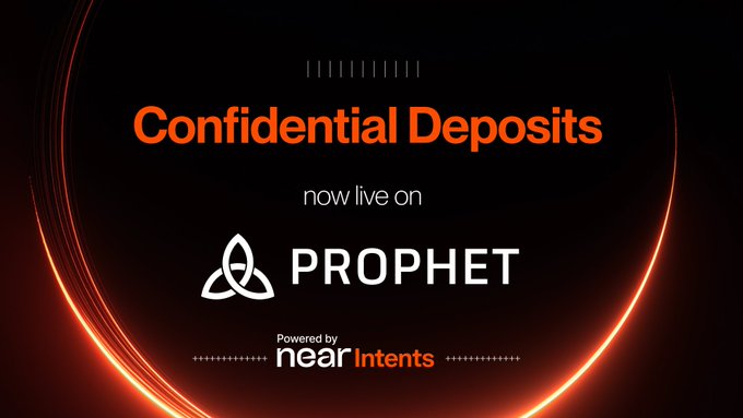 A promotional graphic with orange text reading 'Confidential Deposits now live on PROPHET,' accompanied by a triquetra logo and the tagline 'Powered by nearIntents' at the bottom, set against a dark background with glowing orange circular accents.