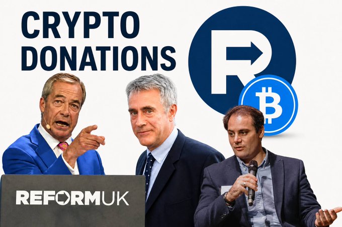 The image shows a graphic titled "CRYPTO DONATIONS" featuring Nigel Farage speaking at a "REFORMUK" podium, alongside photos of businessmen Ben Delo and Christopher Harborne, with a Reform UK logo and Bitcoin symbol in the upper right—illustrating the massive crypto-backed funding surge to Farage's Reform UK party from wealthy donors.