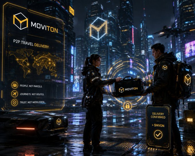 A futuristic cyberpunk-style promotional image for "MOVITON" featuring two people exchanging a branded bag, with text including "P2P TRAVEL DELIVERY", "PEOPLE, NOT PARCELS", "JOURNEYS, NOT ROUTES", "TRUST, NOT MIDDLEMEN", and "DELIVERY CONFIRMED".