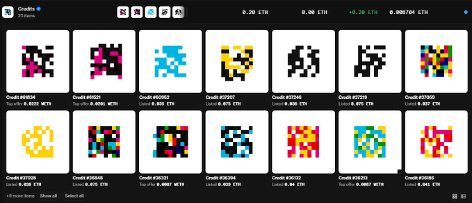 A screenshot of an NFT marketplace showing pixel art "Credits" tokens listed with top offers around 0.0007 ETH and recent sales between 0.028 and 0.038 ETH, illustrating the sharp drop from 0.028 to 0.0087 ETH mentioned in the post.