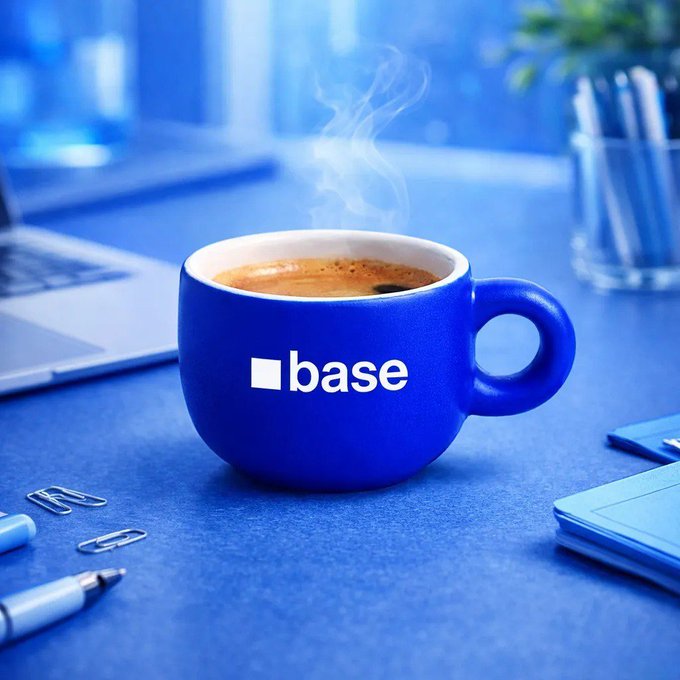 A blue coffee mug with the white Coinbase 'base' logo and a small square sits on a blue desk with steam rising from the coffee inside, surrounded by office supplies including a laptop, pens, paper clips, and a notebook.