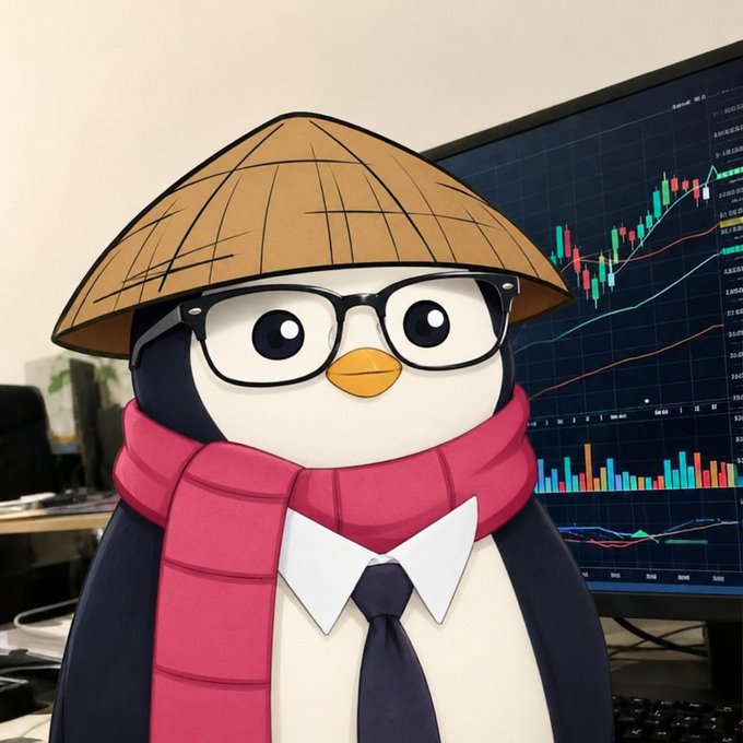 An AI-generated image of a penguin character wearing a conical straw hat, black-rimmed glasses, a red scarf, and a tie, sitting in front of a computer monitor displaying stock/crypto charts.