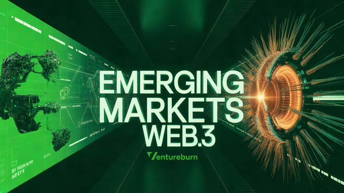 A graphic promoting 'EMERGING MARKETS WEB.3' by Ventureburn, featuring a green digital globe and an orange tunnel-like design.