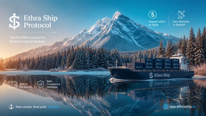 An advertisement for 'Ethra Ship Protocol', described as 'The first RWA protocol for Maritime Capital Markets', featuring a cargo ship on water with mountains in the background.