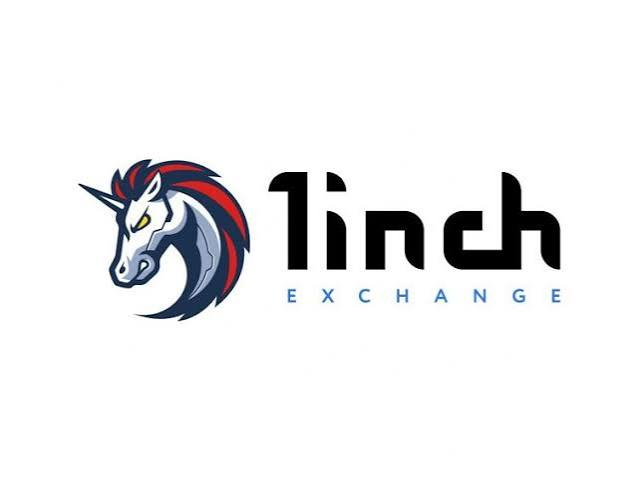A logo for '1inch EXCHANGE' featuring a stylized blue and red unicorn head next to the brand name in black text.