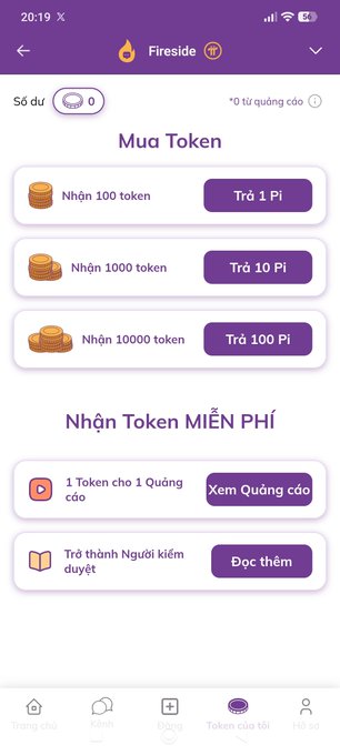 Mobile app screenshot titled 'Mua Token' on Fireside, showing token purchase options (100/1000/10000 tokens for 1/10/100 Pi) and free token earning methods via watching ads or browsing.
