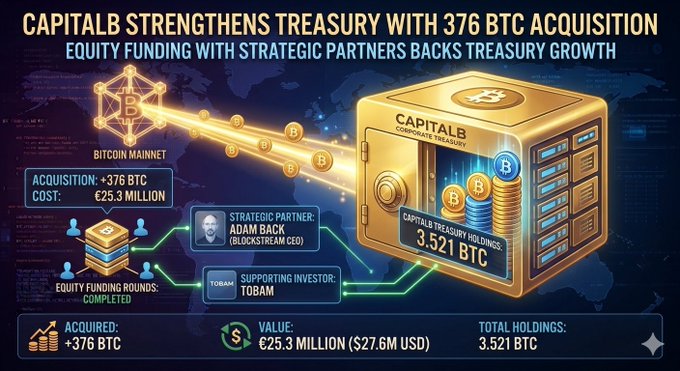An infographic titled 'CAPITAL B STRENGTHENS TREASURY WITH 376 BTC ACQUISITION' showing a 376 BTC acquisition at €25.3 million, with Adam Back as strategic partner, bringing total holdings to 3,521 BTC.