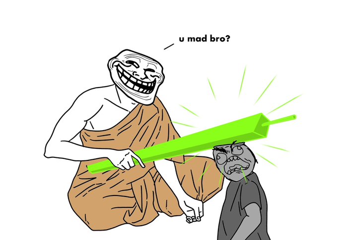 A troll face meme shows a robed figure wielding a glowing green katana against an angry character, with the caption 'u mad bro?'