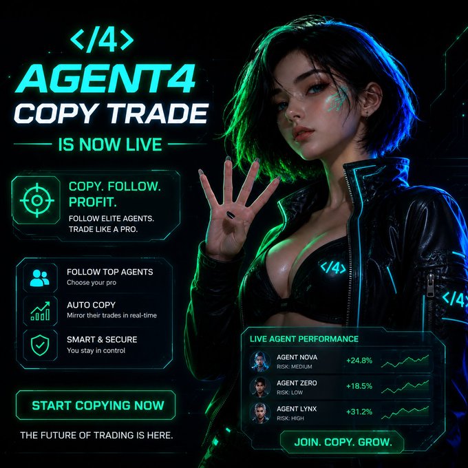 The image shows a digital advertisement featuring an attractive woman wearing a black outfit with her arms outstretched as if she is waving, with the background in neon green colors that stand out against the dark backdrop. The central focus of the advertisement is the message "AGENT4 Copy Trade is now live on @BNBCHAIN", which indicates that the trading platform has been recently introduced or updated and can be accessed by anyone interested in this new feature. In addition to the text and visuals, there are a few numbers visible in the image, possibly indicating statistics related to the platform's performance or user engagement. The overall design of the ad is modern and visually appealing.