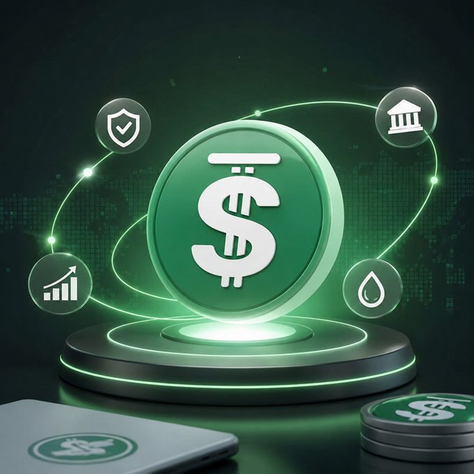 A glowing green USDD stablecoin coin hovers on a pedestal surrounded by icons representing security, banking, growth, and liquidity against a dark world map background.