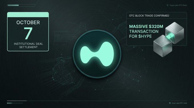 A digital graphic with a green glowing logo, dated October 7, displaying the text 'OTC BLOCK TRADE CONFIRMED' and 'MASSIVE $320M TRANSACTION FOR SHYPE' alongside metallic blocks.