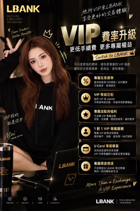 A promotional advertisement for 'LBANK' cryptocurrency exchange featuring a young woman wearing an LBANK hoodie, highlighting VIP membership benefits and fee discounts with bilingual Chinese and English text including 'VIP 費率升級' and 'Switch to LBANK'.