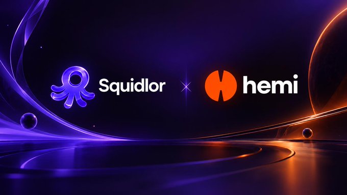 A promotional graphic featuring the "Squidlor" logo (a purple octopus icon) alongside the "hemi" logo (an orange circular icon), separated by a sparkle on a cosmic dark background with purple and orange flowing light trails. The image visually represents the partnership announcement that Squidlor's price feed oracle is now live on the Hemi network for assets like BTC, ETH, and US stocks.
