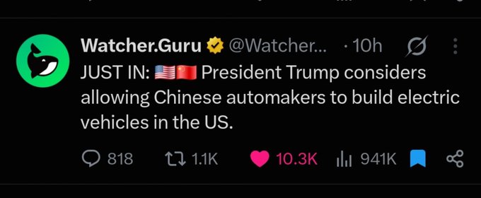 A screenshot of a tweet from Watcher.Guru (@WatcherGuru) stating 'JUST IN: President Trump considers allowing Chinese automakers to build electric vehicles in the US.' The post has 818 replies, 1.1K retweets, 10.3K likes, and 941K views.