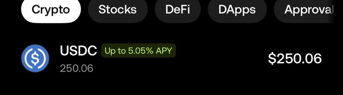 A cryptocurrency app interface showing a 'Crypto' tab with a USDC balance of $250.06 offering 'Up to 5.05% APY'.